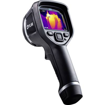 An infrared thermometer displays a thermal image on the display. The device is black and compact, suitable for temperature measurements.