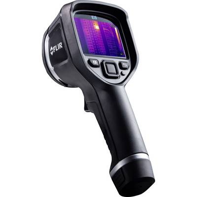 A black thermal imaging camera, Model E8, displays a colour thermal image on the screen.
