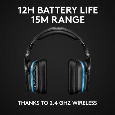 Wireless headset with 2.4 GHz technology, offering 12 hours of battery life and a 15-metre range.