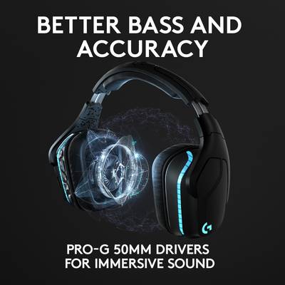 Headphones with black design and blue light. Text: 'Rich bass and precise sound', 'Pro-G 50 mm speakers for immersive audio'.