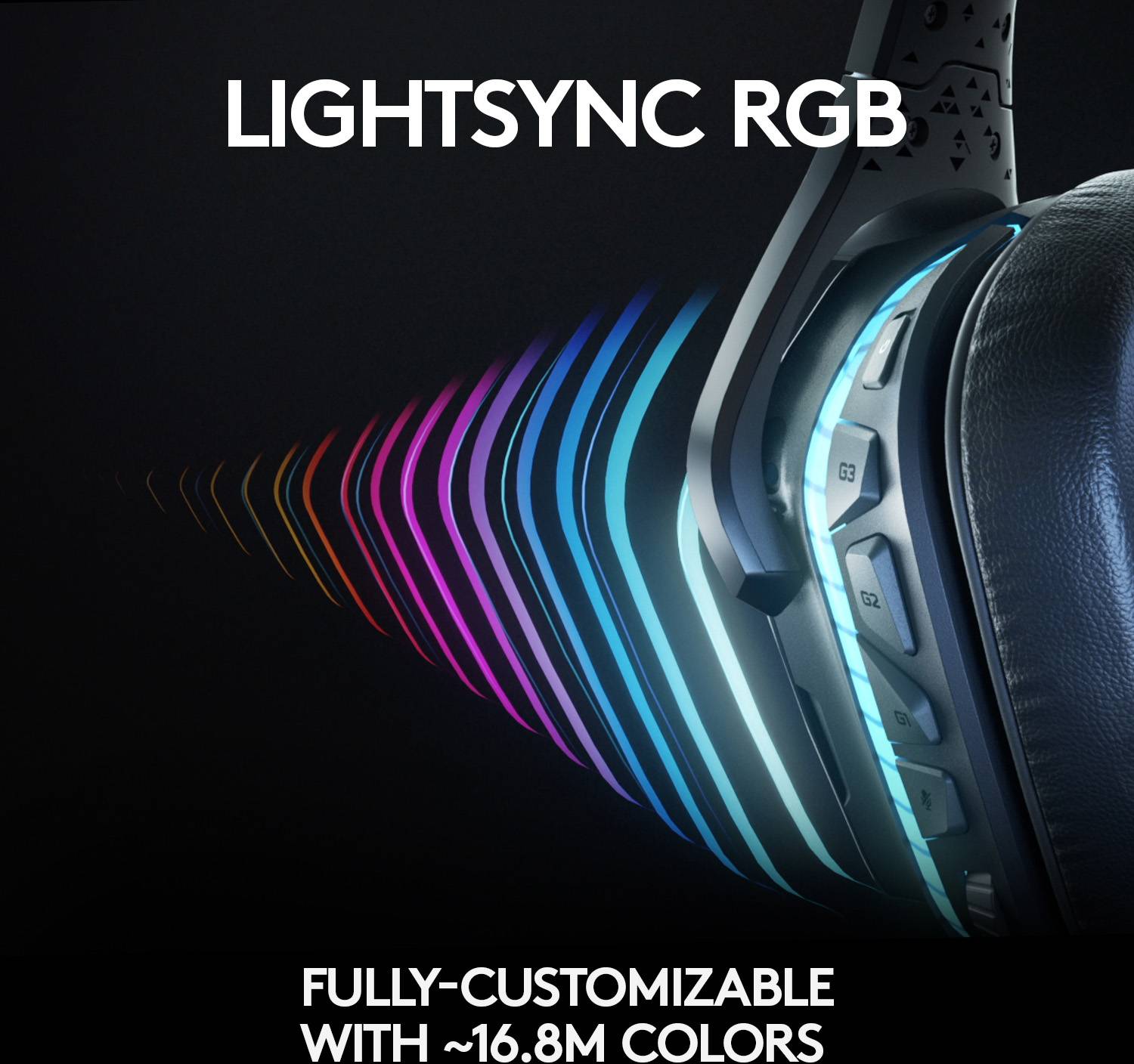 Headphones with RGB lighting in various colours. Text: 'LIGHTSYNC RGB. Fully customisable effects with ~16.8M colours.'