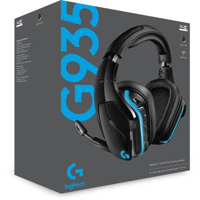 Packaging for a wireless gaming headset, model 'G935' by Logitech, with blue text on a grey background and product specifications.