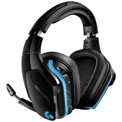 A black gaming headset with blue details and microphone, featuring padded ear cups, designed for comfortable and immersive gaming.