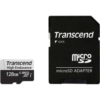 'Transcend High Endurance 128GB microSD' memory card with SD adapter beside it. Ideal for high-resolution video recordings and surveillance.