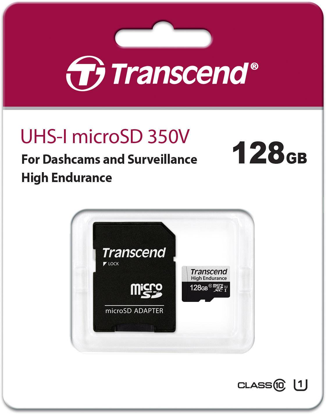 Packaging of a Transcend UHS-I microSD card with 128 GB, suitable for dashcams and surveillance, with microSD adapter.