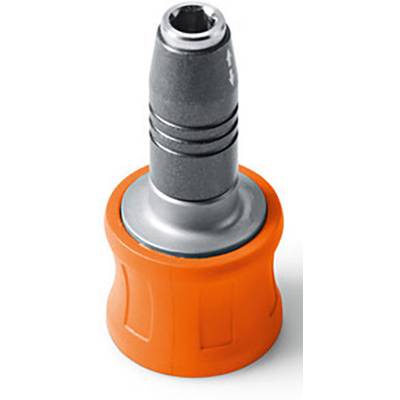 A grey hose connector with an orange handle, in a cylindrical shape.