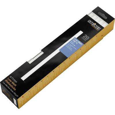 A pack of sticks, specifically 11 mm low melt glue sticks, 20 pieces. Packaging is yellow and black with product information.