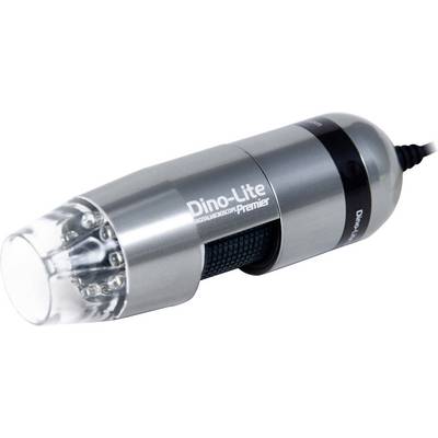 Silver, cylindrical hand microscope by Dino-Lite with a transparent end and integrated USB cable for connection.