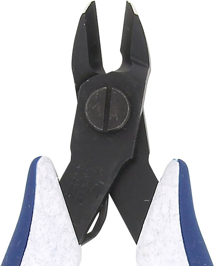 Close-up of a black pair of pliers with blue and white handles. The pliers are shown in a usage position.