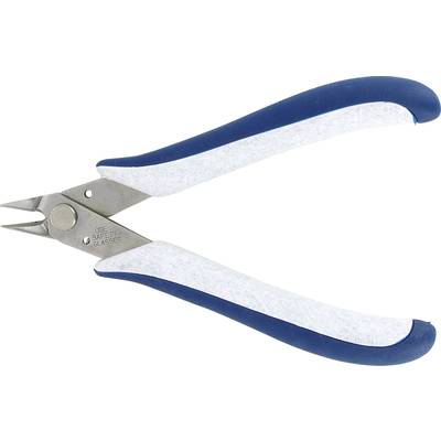 Side cutters with blue and grey handles, made of metal, diagonal cutting blade, with 'USE SAFETY GLASSES' note on metal part.