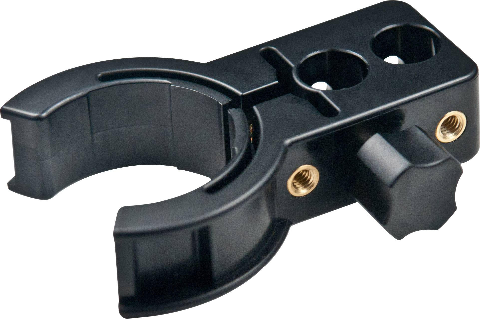 Black plastic mounting bracket with screw clamp, suitable for attaching to round objects, with two screw holes.