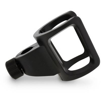 Plastic microphone mount with a square aperture, in black, featuring a screw for attaching to a microphone stand.