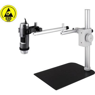 Microscope on adjustable stand, ESD-safe, suitable for precise inspections in laboratory or workshop environments.