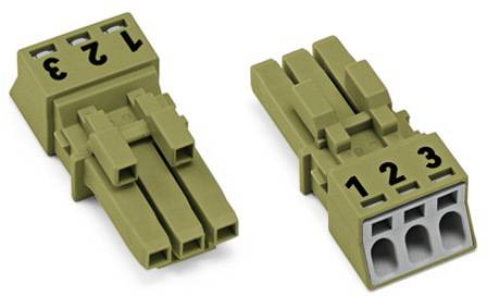Socket connections with numbered connections 1 to 3, two-part: socket on the left, plug on the right, for electrical connection.