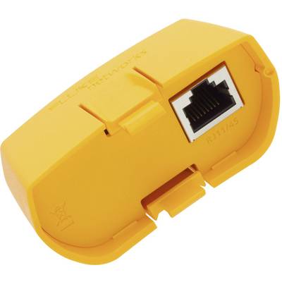 A yellow network tester module with an RJ-45 port.