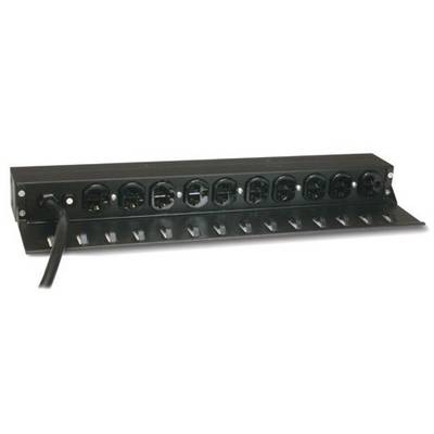 A black power strip with ten socket outlets, suitable for use in racks or work environments.