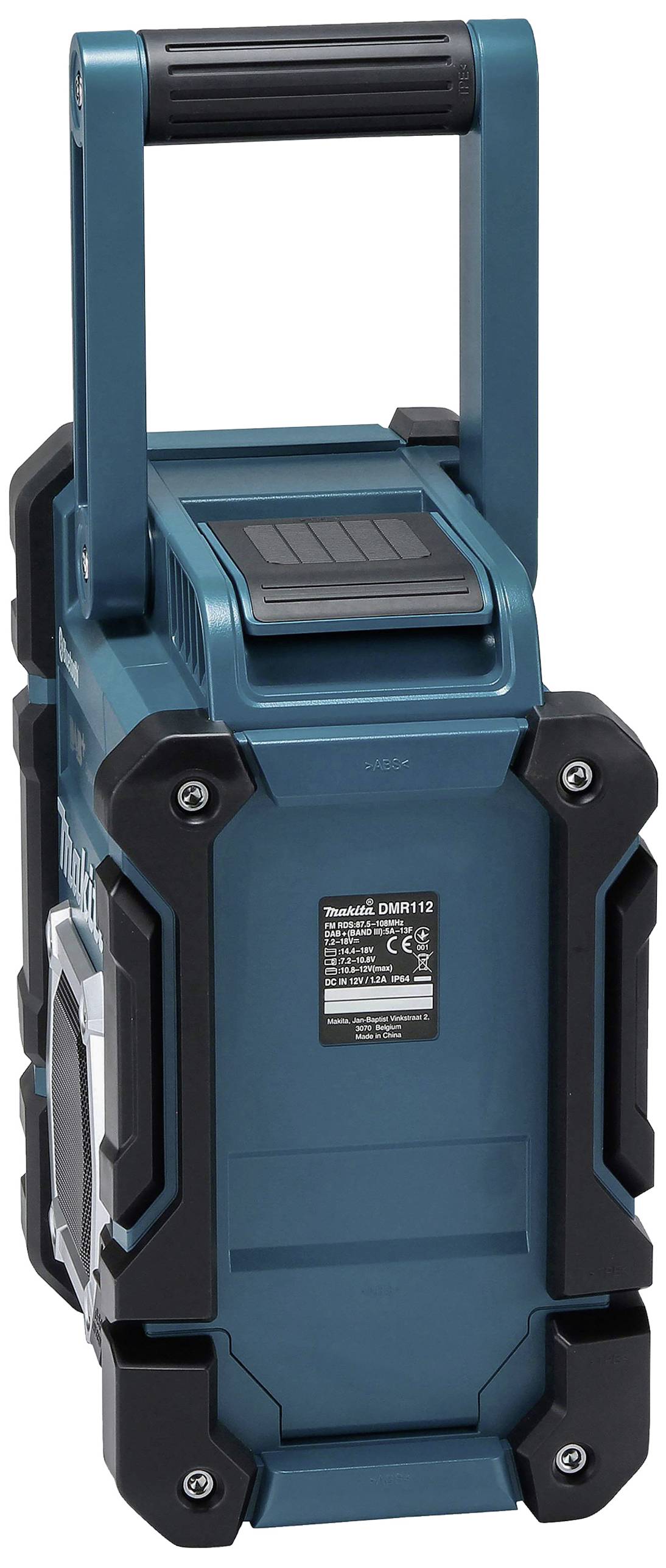 Portable blue-black speaker with robust housing and carrying handle. Suitable for use on construction sites or outdoors.