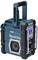 Portable, turquoise construction site radio with robust casing, handle, and front-mounted controls.