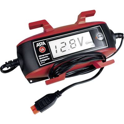 A car battery charger with a digital display shows '12.8V'. Cables and connector are visible.