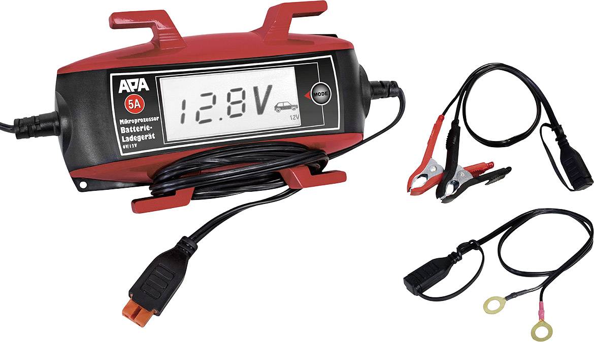 A red battery charger with a display reading '12.8V' and two cables. Accessories: Two cables with clamps and ring terminal connections.