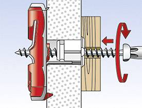 'Illustration of a wall plug drawing a screw through a wall and a wooden board. Arrows indicate rotational and pulling procedures.'