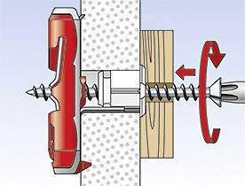 Illustration of a wall plug being secured in a wall. A screwdriver tightens the screw to fix the wall plug in place.
