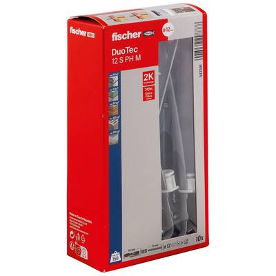 Package of fischer DuoTec 12 S PH M wall anchors, showing 10-piece set for gypsum fiberboard, with '2K' and '12' size markings.<br>