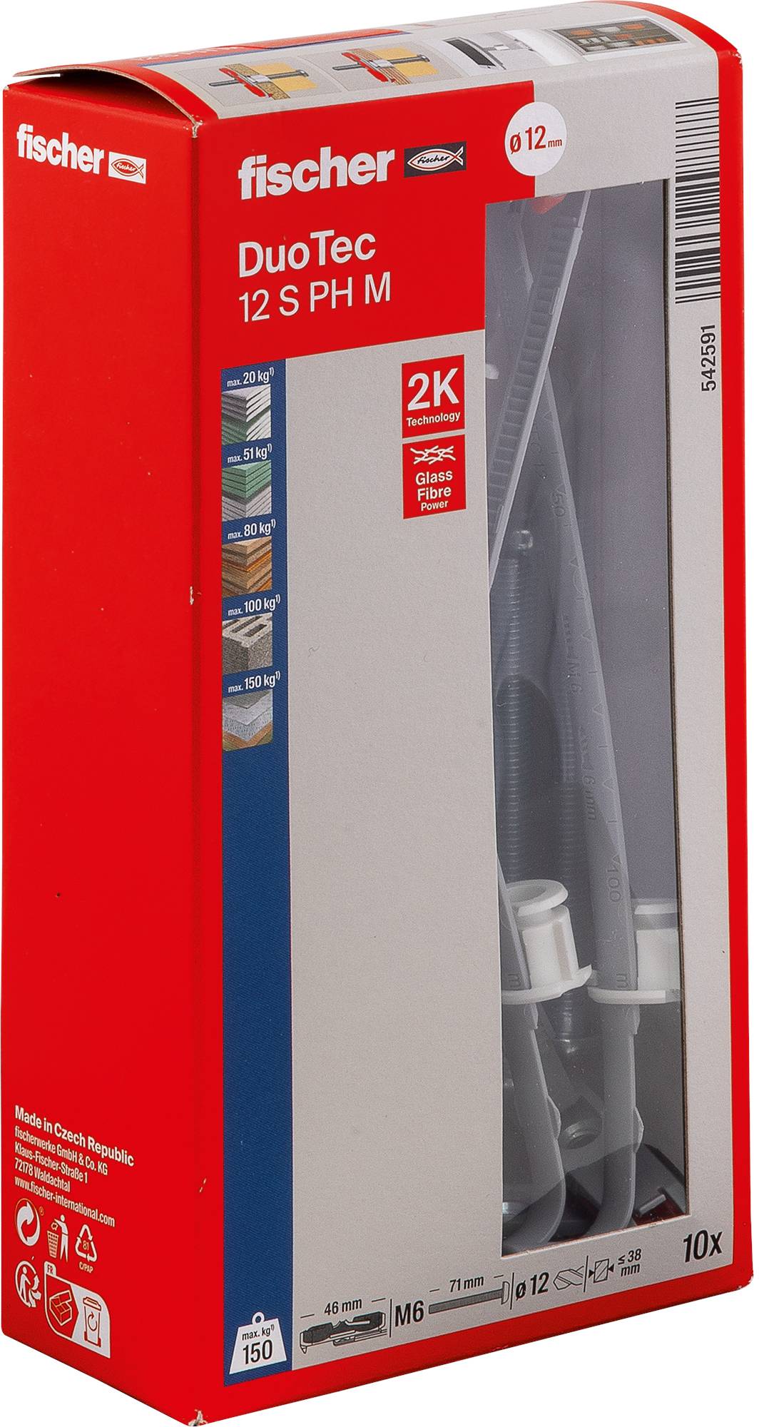 A red and grey box of Fischer DuoTec 12 S PH M wall anchors, showing product specifications and images of the anchors.