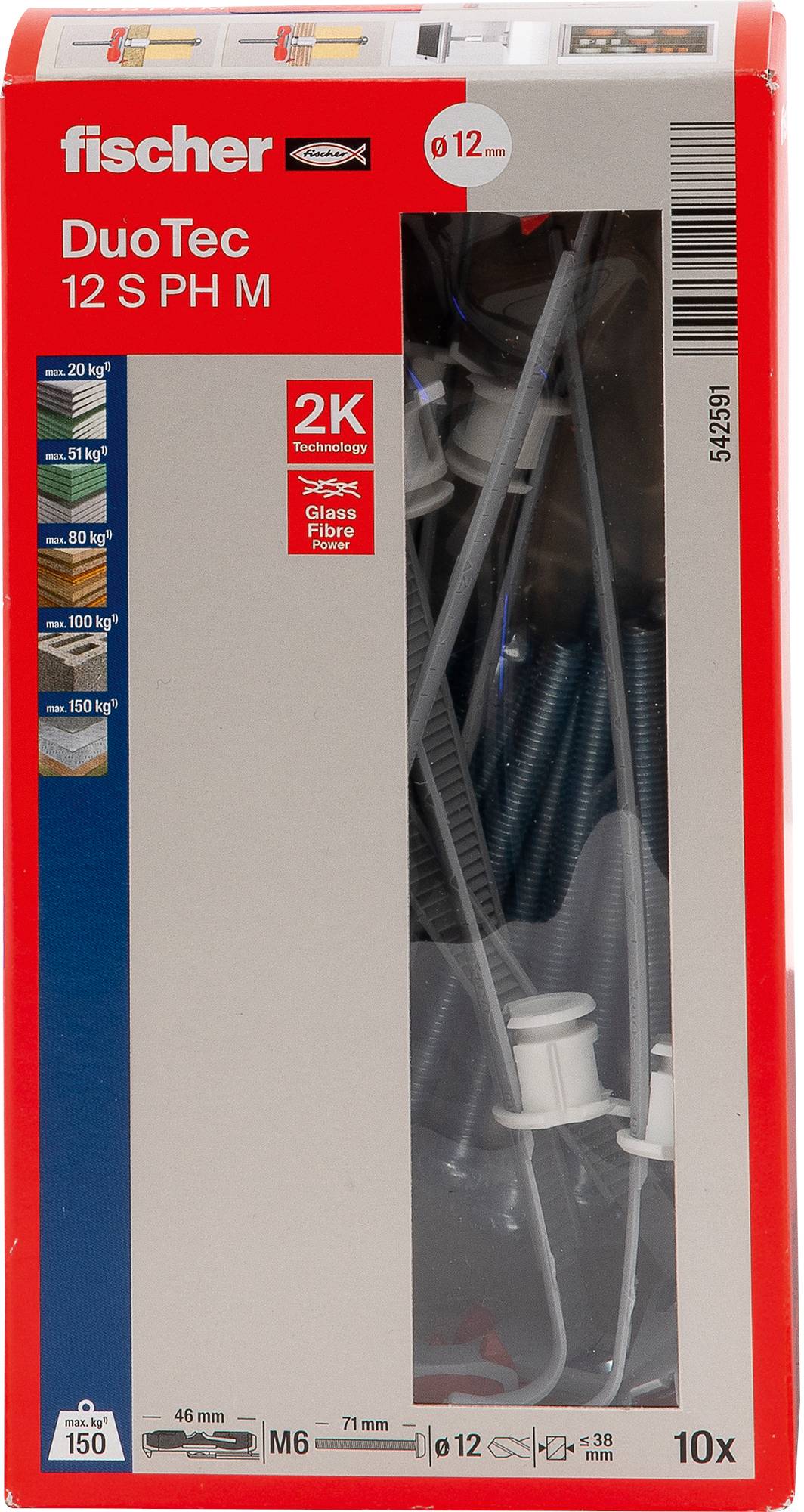 'Fischer DuoTec 12 S PH M' wall plugs package, 10 pieces, includes screws. Compatible with various wall materials, supports up to 20 kg.