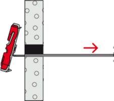 Illustration of a red lever mechanism pressing against an object with a black and gray surface with holes, pushing a rod to the right.