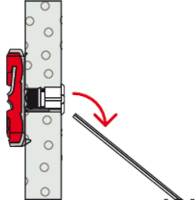 'Image shows a side section of a wall with a fastener in red, a bolt, and an arrow indicating how to insert or tighten a rod into the fastener.'