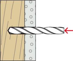Illustration of a drill bit exiting a wooden board on the left, with a red arrow indicating the drilling direction from wood to metal.