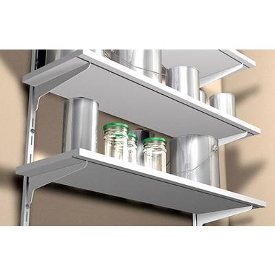 Several shelves with silver metal containers and glass vessels with green lids, mounted on a wall.