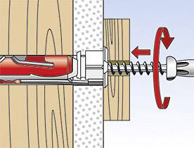 Diagram shows how a screw is twisted into a wall plug to secure a piece of wood to a wall. Red arrow indicates rotation.