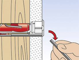 'Illustration of a bolt being screwed into a wall. A hand tightens the bolt, demonstrating a secure fixing.'