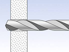 A drill penetrates a surface, showing the cutting process through material in a schematic representation.