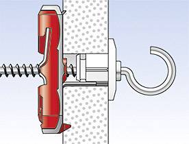 A technical assembly drawing of a red wall plug and hook secured to a wall. The wall plug is anchored into the wall.