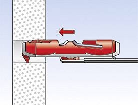 'Diagram of a wall plug in a wall mounting. A red arrow indicates the direction in which the wall plug is to be inserted into the wall.'