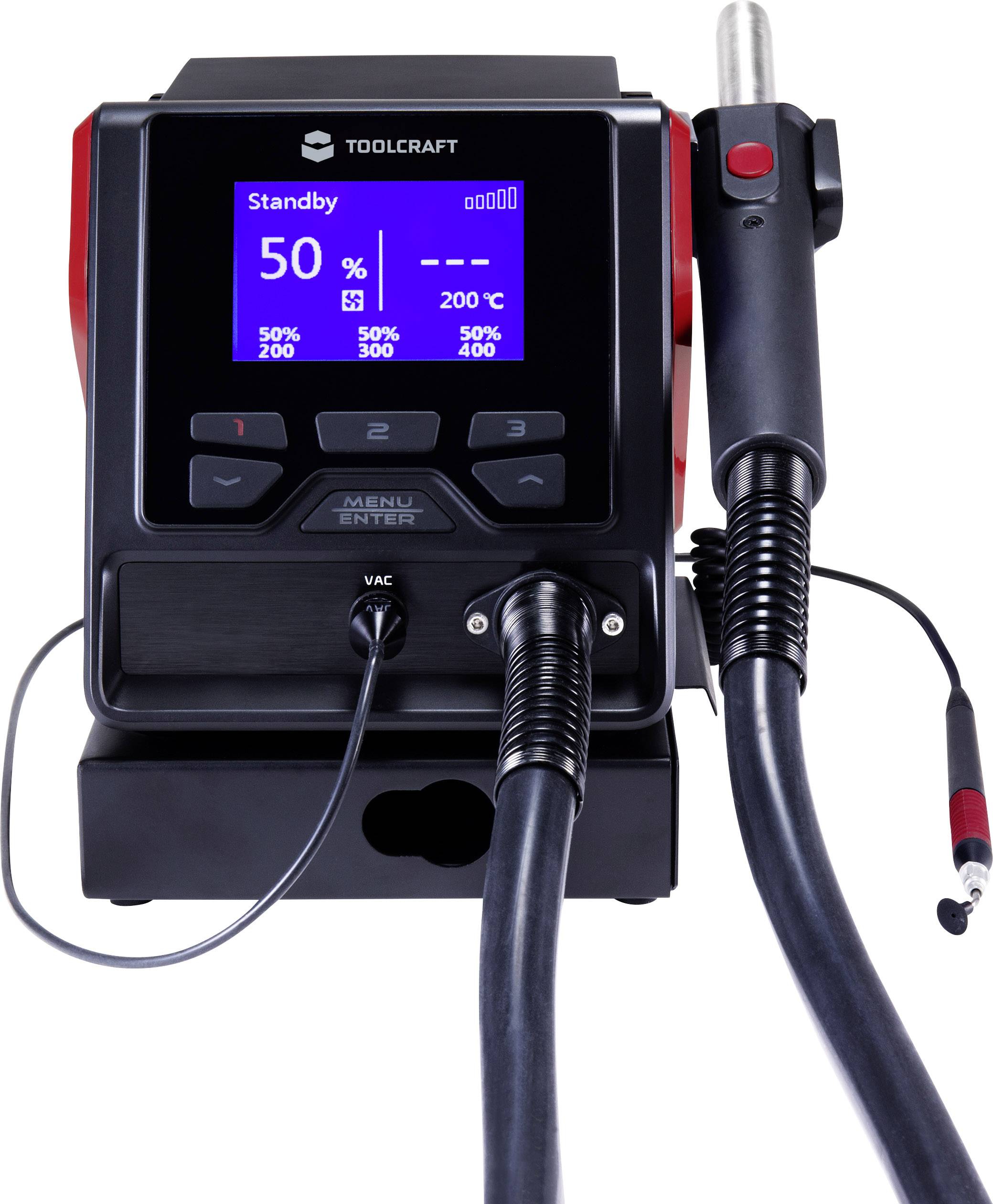 Soldering station with digital display showing 'Standby' and 50% power. Temperature set to 200°C. Device with soldering iron holder.
