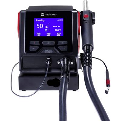 Soldering station with digital display showing 'Standby' and 50% power. Temperature set to 200°C. Device with soldering iron holder.
