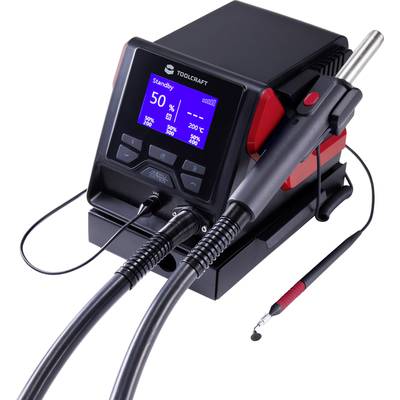 Soldering station with a digital display showing 'Standby 50%'. Two cables are connected, with a soldering iron with a red handle beside it.