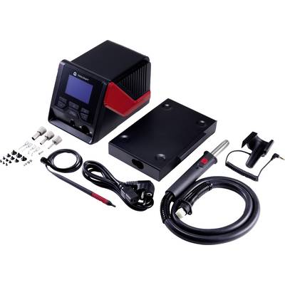 Digital soldering station with display, soldering iron, heating platform, cables and accessories. Ideal for precise soldering work in electronics.