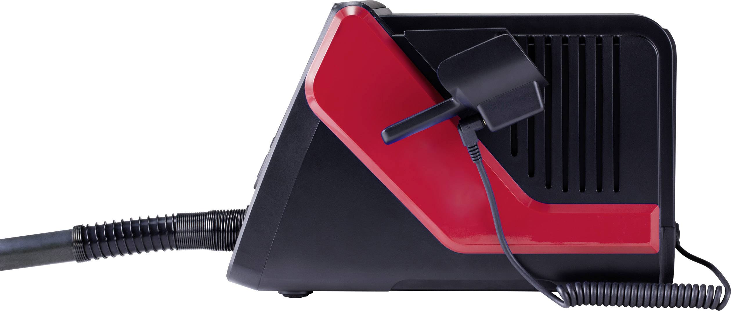 'Robotic vacuum cleaner on charging station. Black and red design. Cable connected.'