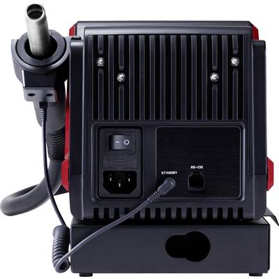 'Back of an electronic device unit with various ports and a fan.'