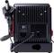 'Back of an electronic device unit with various ports and a fan.'