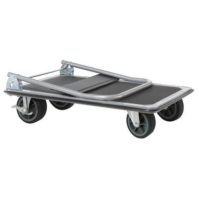 A flatbed luggage cart with a silver metal frame, four wheels, and a black platform for transporting heavy items.