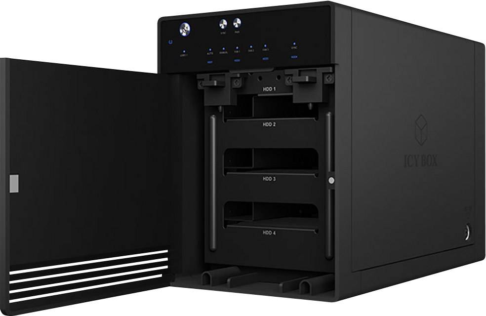 External hard drive enclosure with an open door, showing three drive bays. It is black and rectangular, standing on a table.