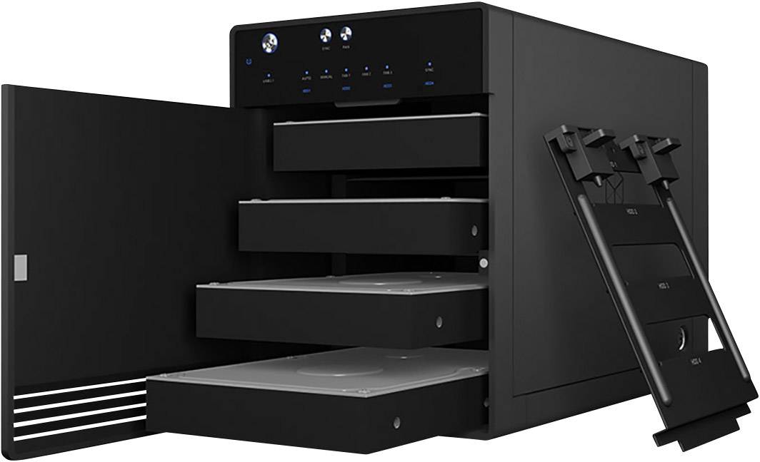 An open black chassis with three pulled-out hard drive bays. A chassis cover lies beside it.