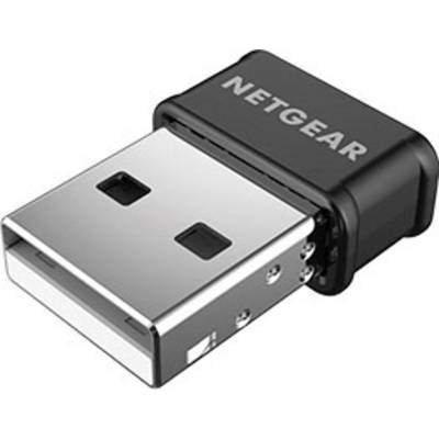 Netgear USB Wi-Fi adapter, compact and rectangular, with a black casing and silver USB plug.