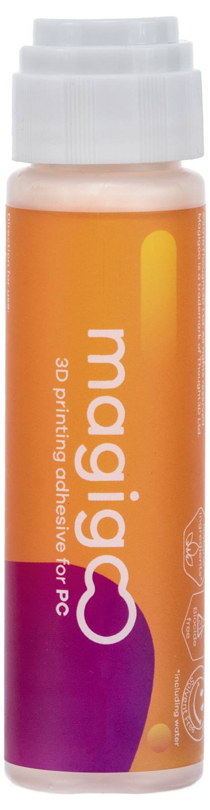 An orange bottle with the inscription 'magigoo 3D printing adhesive for PC', containing adhesive for 3D printing on polycarbonate.